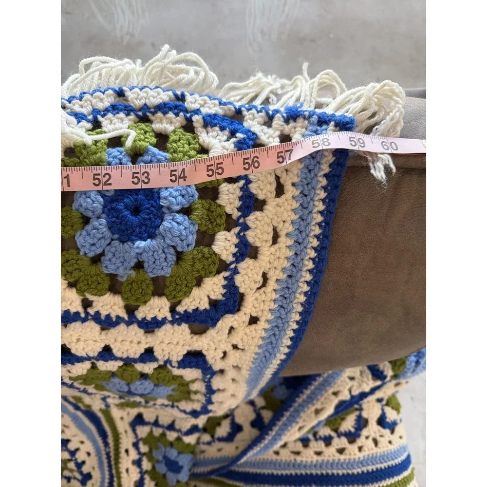Handmade Crochet Afghan‎ Throw Blanket Granny Square Blue Green Ivory Fringe
